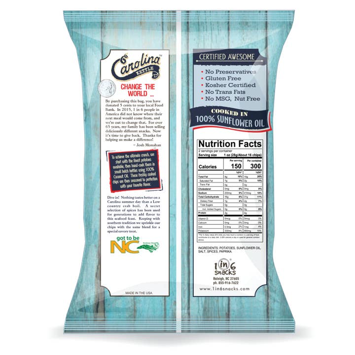 1 in 6 Snacks- Carolina Kettle chips- Rustic Roots - Wholesale Chips - 2oz Crab Boil Chips Case(20)