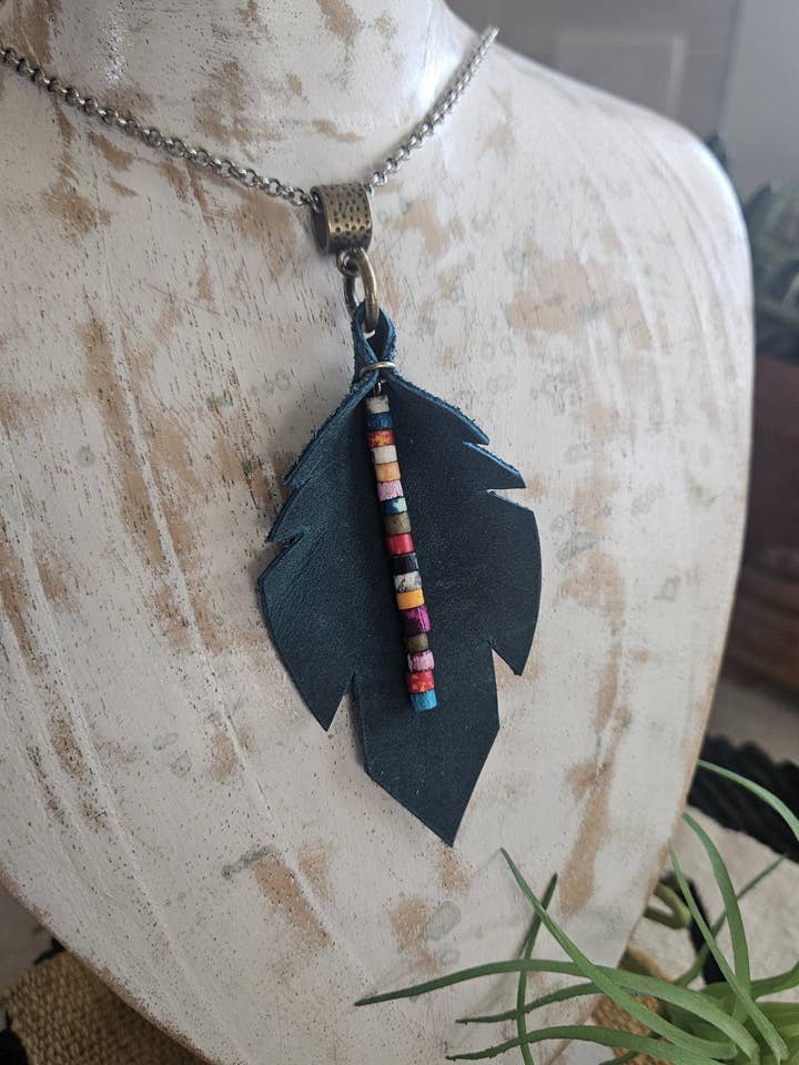 Deep Teal Leather Arrowhead Necklace - Colorful Beads for wholesale by Native Leather Co