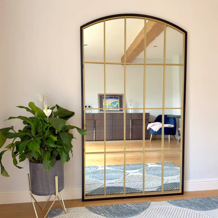 Tomi - Full Length Black & Gold Metal Arched Lattice Window Mirror - 180cm x 105cm for wholesale by Jobu Home