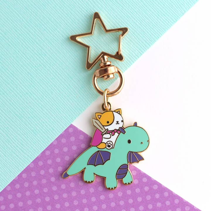 Cat and Dragon Knight Enamel Keychain (Turquoise) for wholesale by Wild Whimsy Woolies