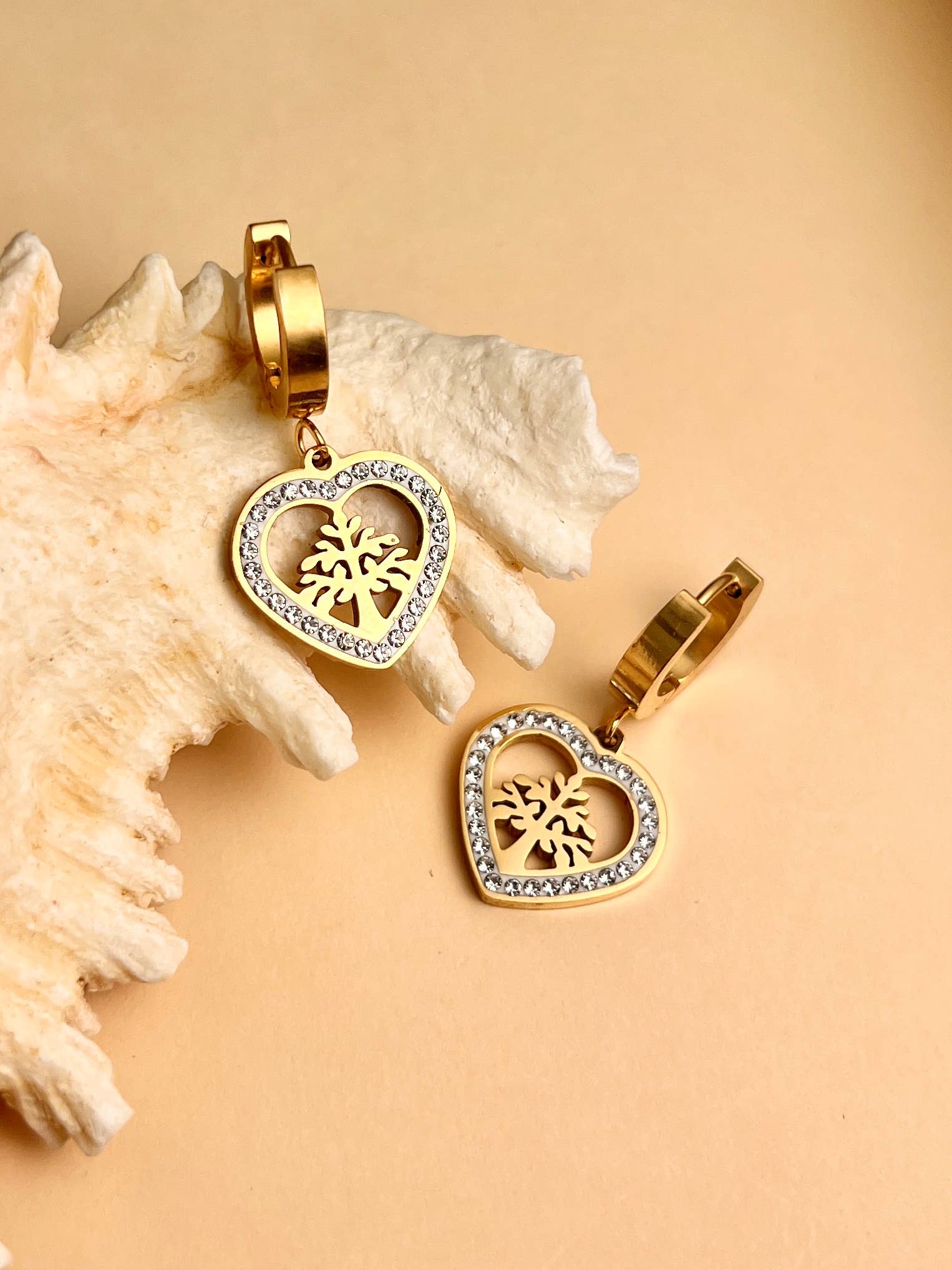 COSMOS - Wholesale Dangle Earrings - Heart and tree of life dangling earrings in steel