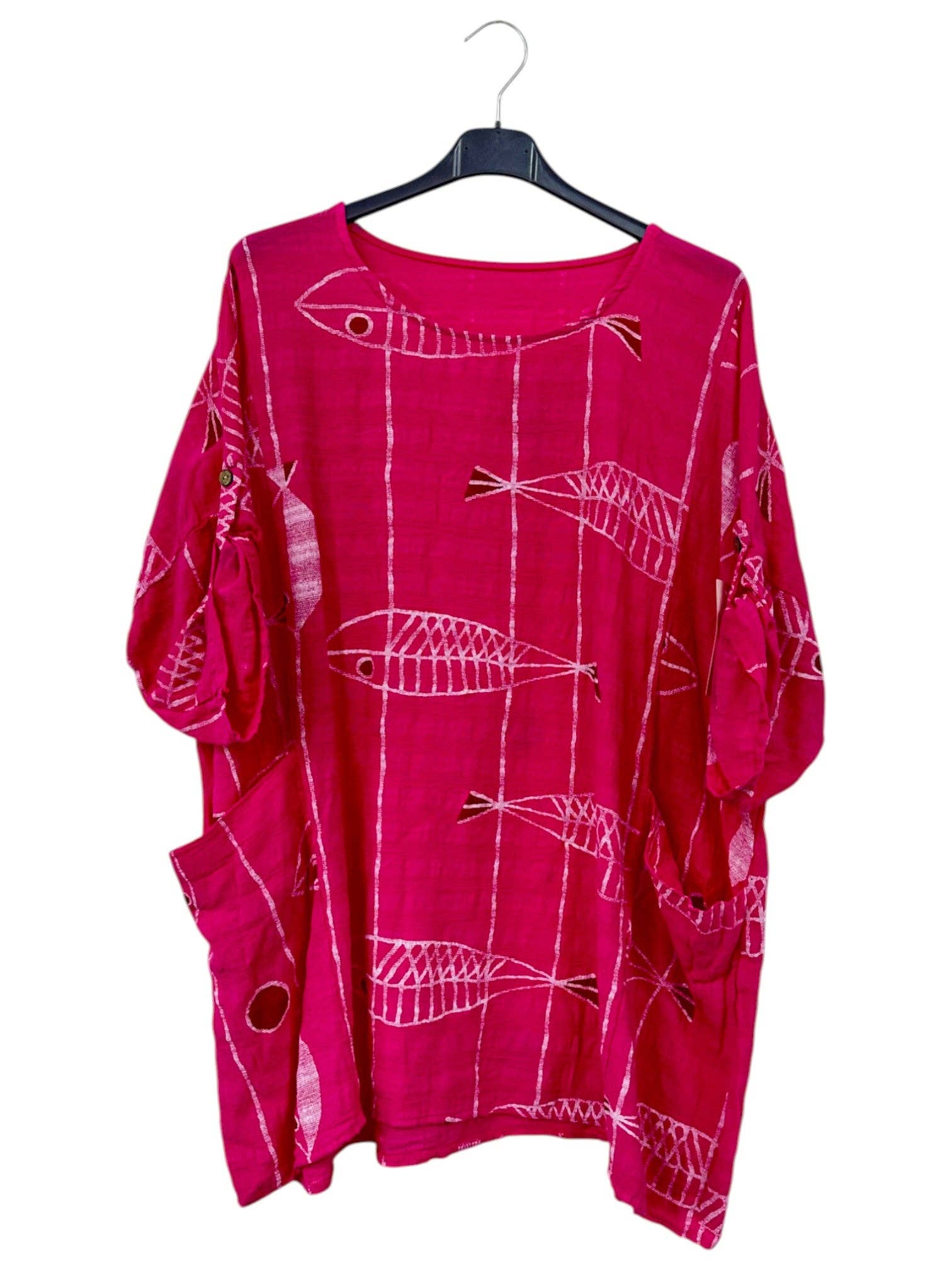 Miss Bold - Wholesale Blouse - Women's - Italian Crinkle Cotton Fish Print Top with Pockets & Turn-Up Sleeves4