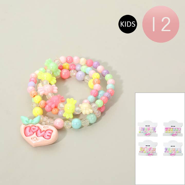 12 SET OF 3 - Kids LOVE Message Heart Charm Candy Faceted Beaded Stretch Multi Layered Bracelets for wholesale by Sensibling Corp.