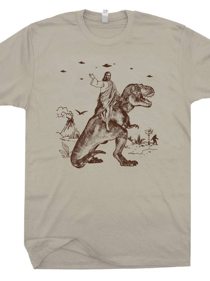 Shirtmandude Co - Wholesale Screen Printed T-Shirt - Unisex - Dinosaur Jesus Shirt Funny Graphic T Shirts Cool Retro Tee