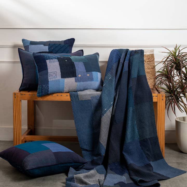 Landscape Handmade Vintage Kantha Quilt - Navy for wholesale by Maison Mieko