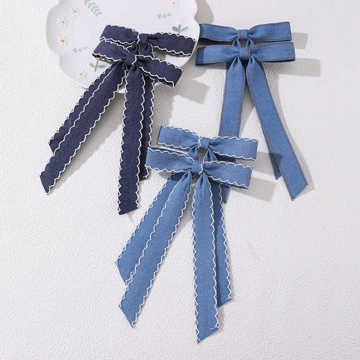Contrast trim Vintage Denim Ribbon Bow Hair clips- 2PC for wholesale by MKS America