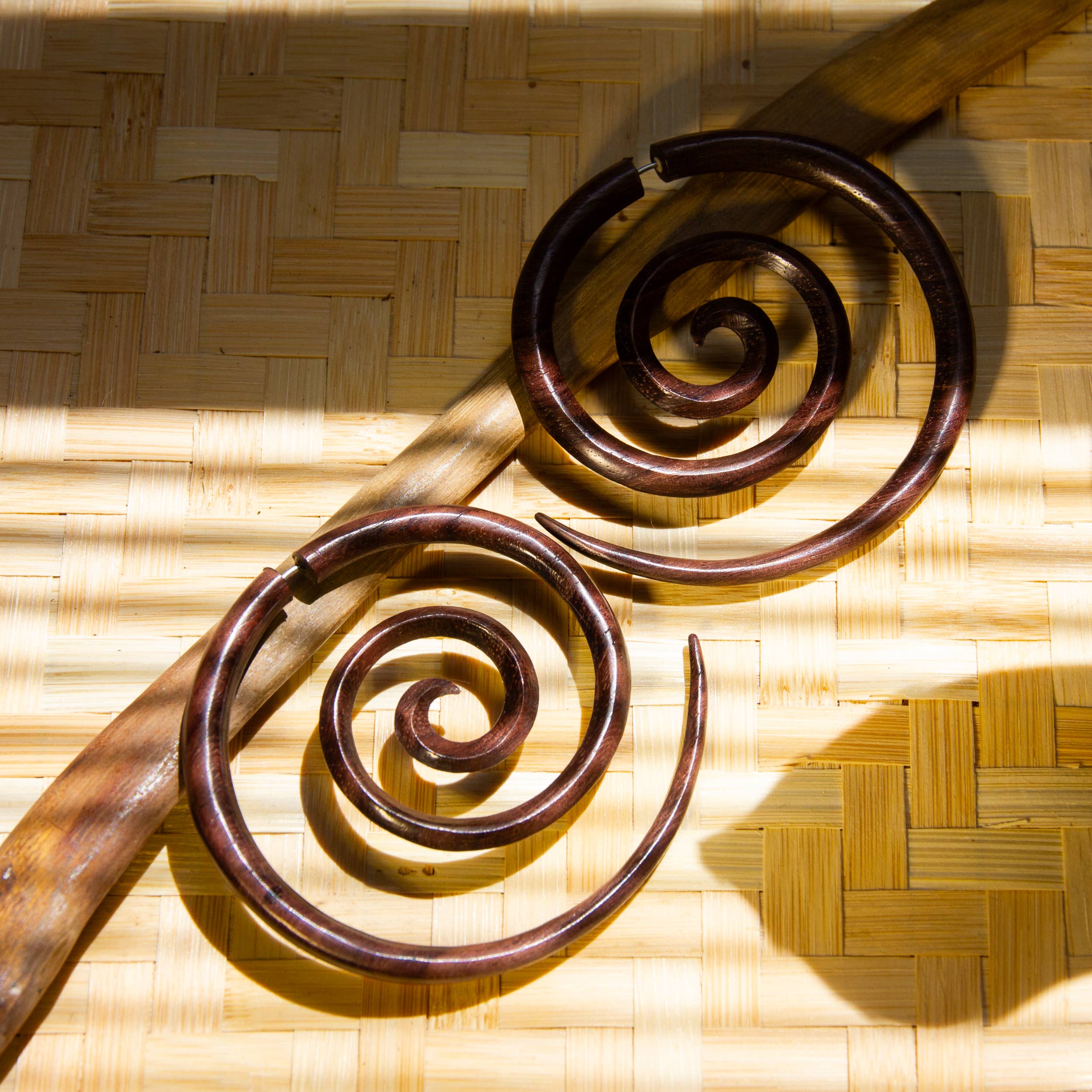 Ajmer by Jodi - Wholesale Dangle Earrings - Large Spiral Light Wood & Dark Wood Faux Gauges~ steel wires14