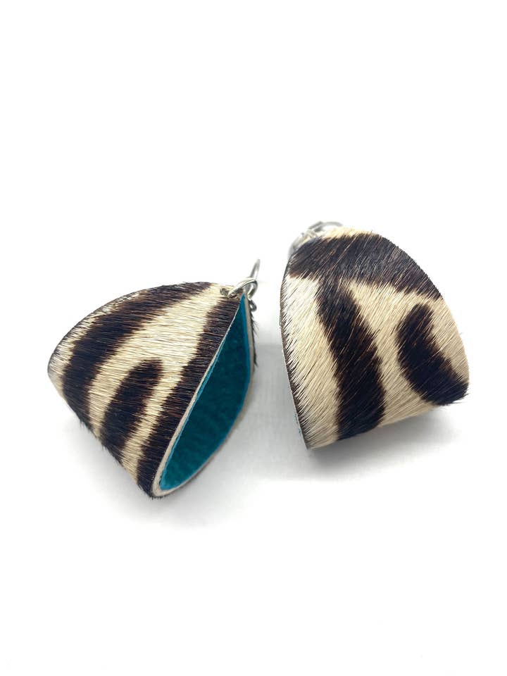Zebra Cowhide Earrings with Teal Leather Inlay for wholesale by Rebecca Malcom LeatherWorks