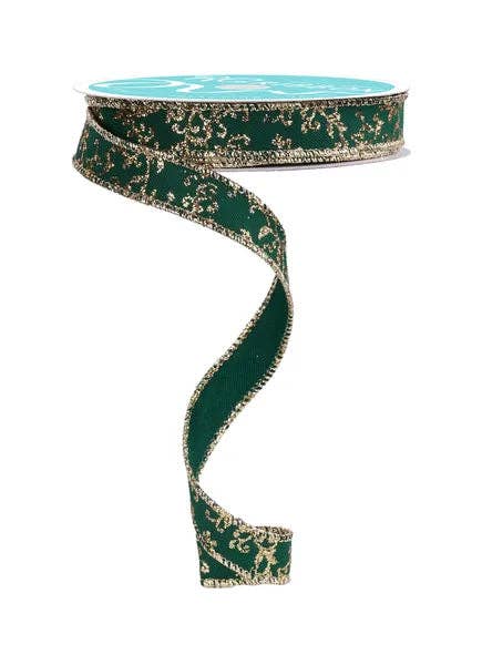 General Wholesale Inc - Wholesale Ribbon - Gift Wrapping - 5/8" x 10yd Glitter Mini Leaf Vines-Hunter Green/Gold- RGF1393CK0
