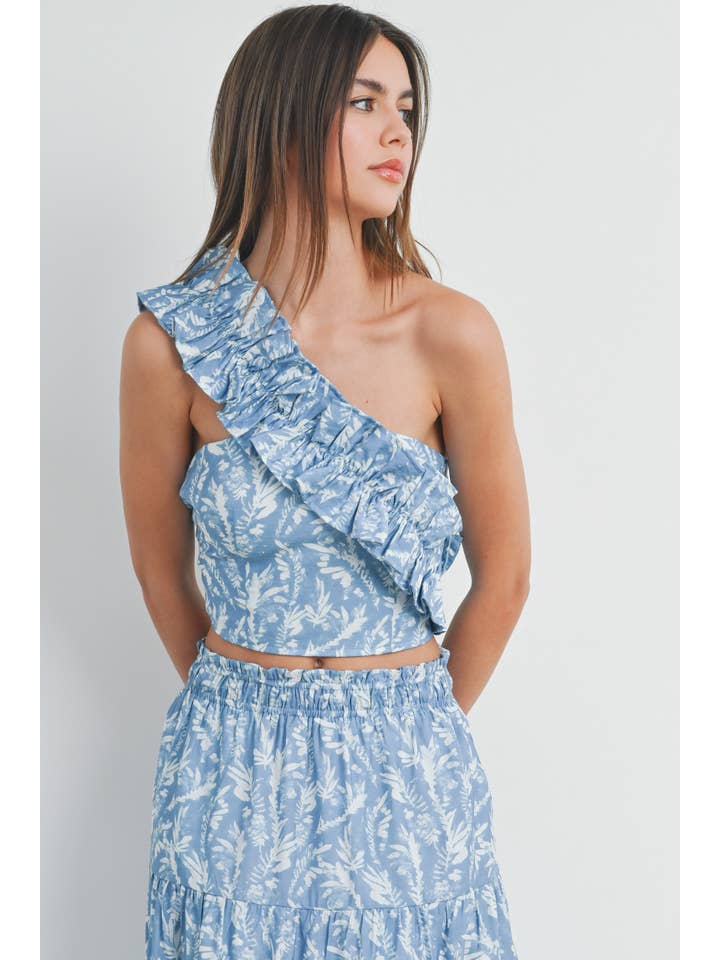 BUTTERMELON - Wholesale Blouse - Women's - Leaf Print One-Shoulder Cropped Top - BMT73778