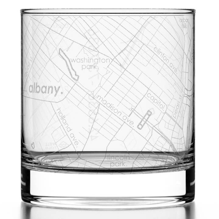 Albany, NY City Map - Etched Whiskey Rocks Glass for wholesale by Well Told