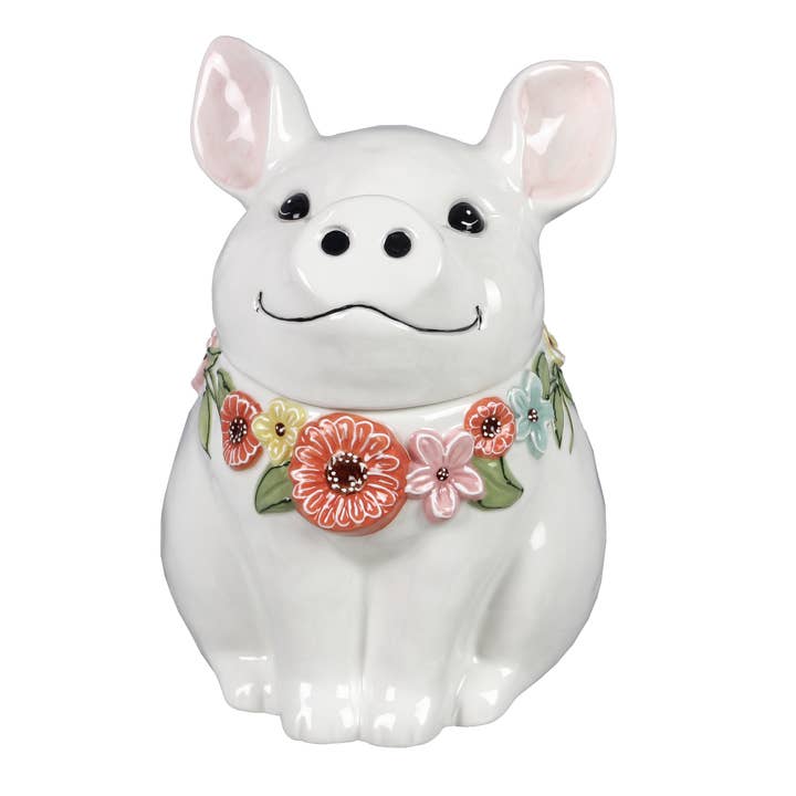 Young's - Wholesale Cookie Jar - Ceramic Sitting Pig Cookie Jar with Flower Design