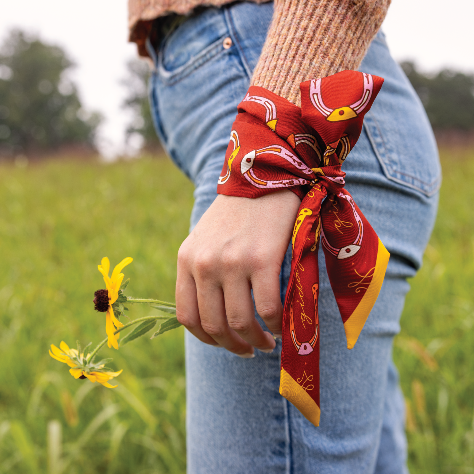 Jenni Earle - Wholesale Scarf - Women's - “Giddy Up” Hand-Illustrated Silk Twilly Scarf1