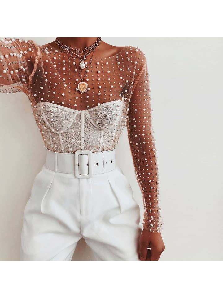 Sweetkama - Wholesale Blouse - Women's - Pearl Rhinestone Studded See Through Mesh Crop Top SKT1976