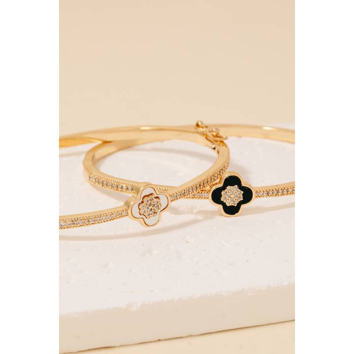The Looks by Fame Accessories - Wholesale Bangle Bracelet - Gold Dipped Cz Pave Row And Clover Hinge Bangle Bracelet