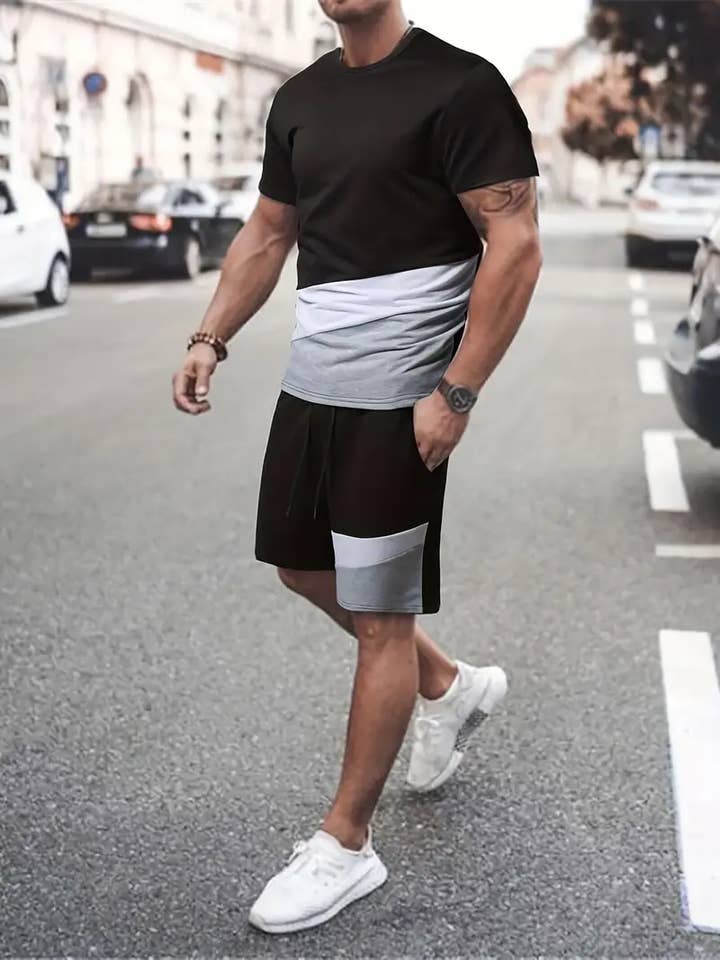 Lucky Avocado - Wholesale Top & Short Set (NOT Loungewear) - Men's - Street Style, Men's 2Pcs, Casual Color Block T-shirt Shorts