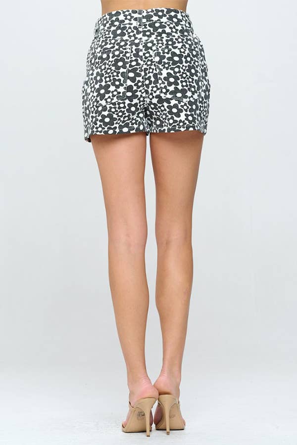 BLACK WHITE DAISY PRINT COTTON TWILL MINI JEAN SHORTS for wholesale on Faire3