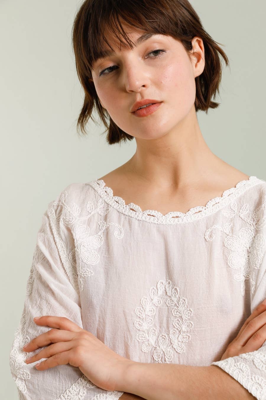 DIX-ONZE - Wholesale T-Shirt - Women's - Embroidered Top with 3/4 Sleeves – Lace Trim4