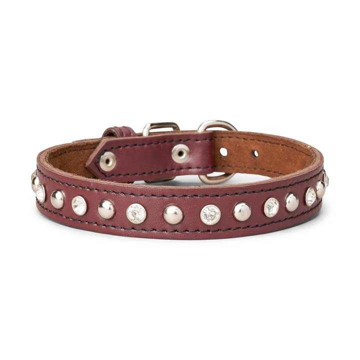 Collier en cuir de 1 pouce de large avec strass transparents et clous pour la vente par TOP DOG BRAND INC