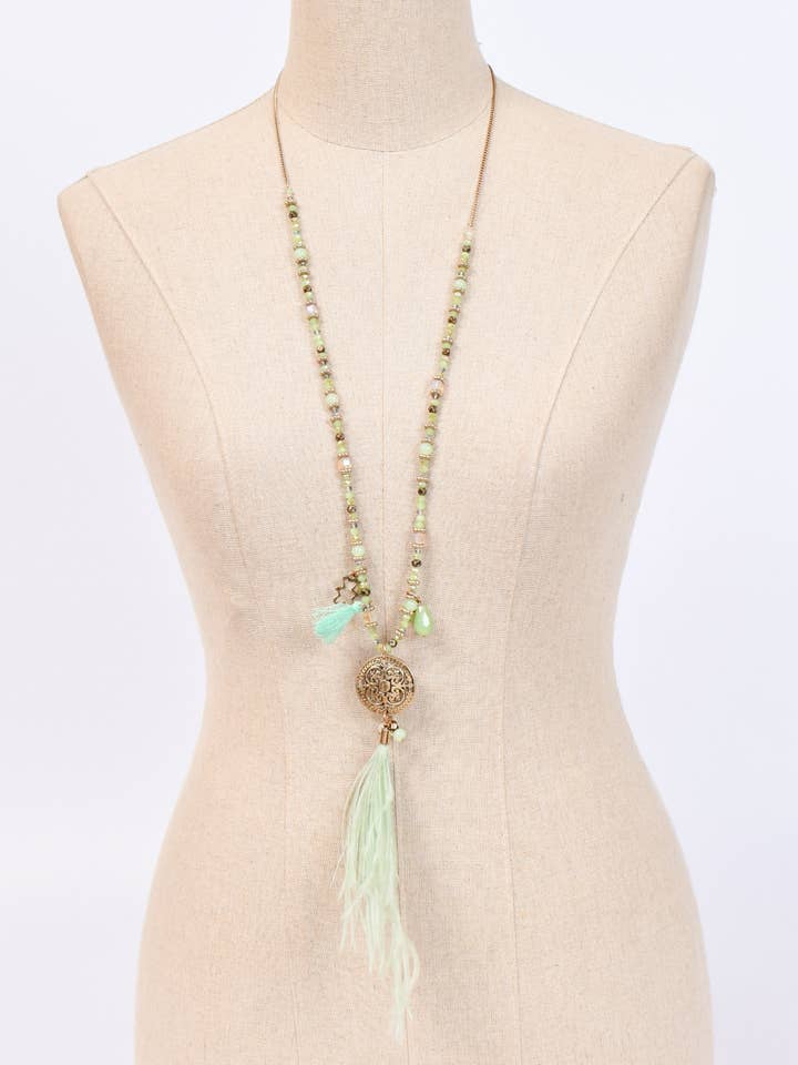 Long necklace with crystal beads and ostrich feather for wholesale by Victoria Moda