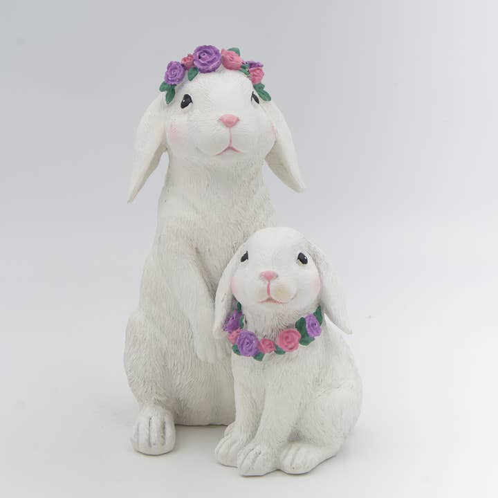 7.75"H Bunnies with Flower Wreath Figure, Resin Spring Decor for wholesale by Roman