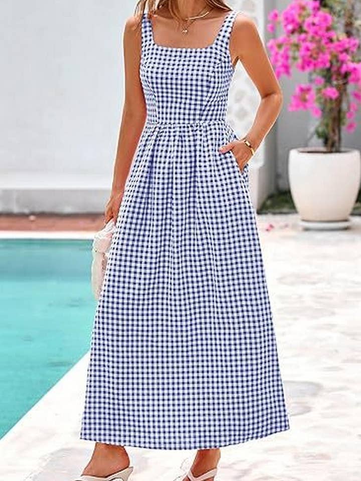 NINEXIS - Wholesale Dress - Women's - CWDHL1084_SPAGHETTI STRAP SQUARE NECK PLAID SHIRRED DRESS7