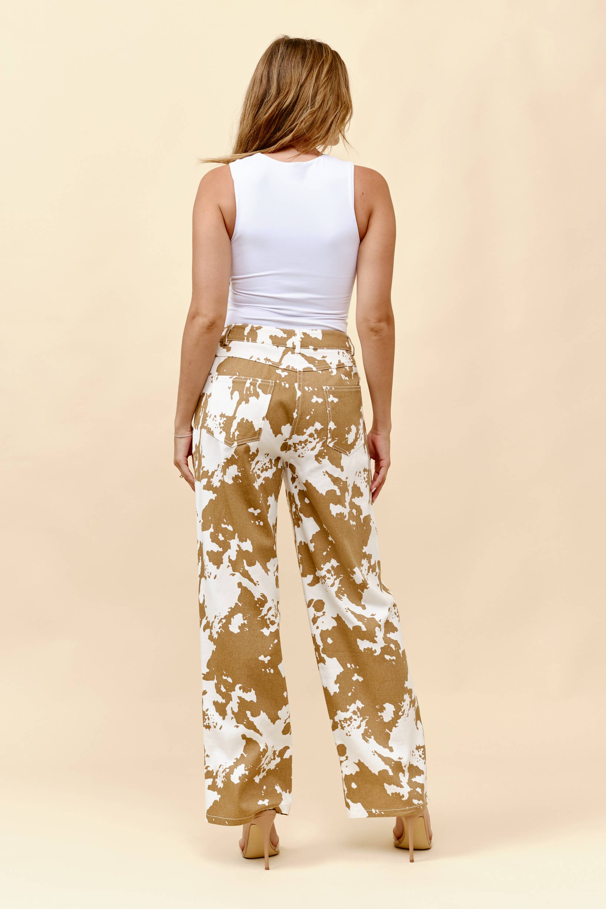 Light Beige Cow print denim straight leg jeans for wholesale on Faire7