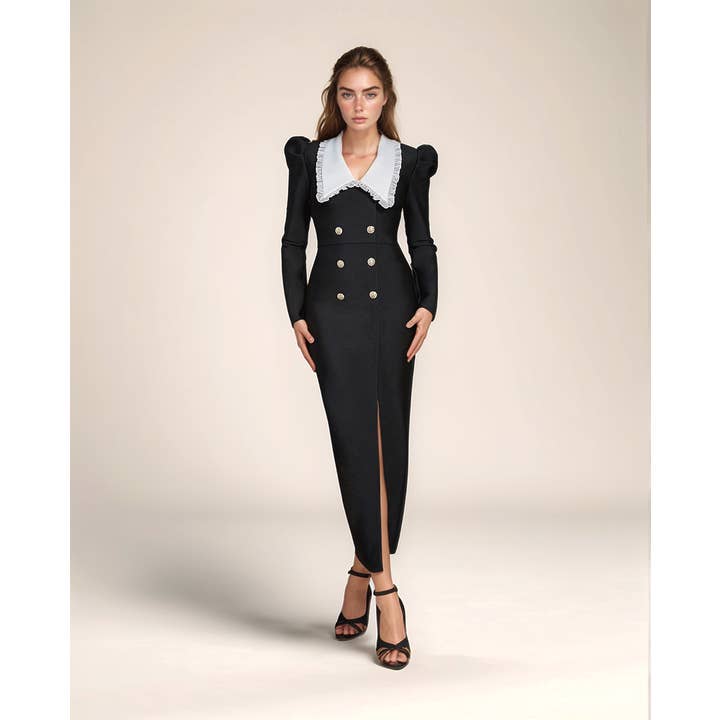 DR391 Long Sleeve Bandage Dress with Lace Lapel and Slit for wholesale by Productseeker