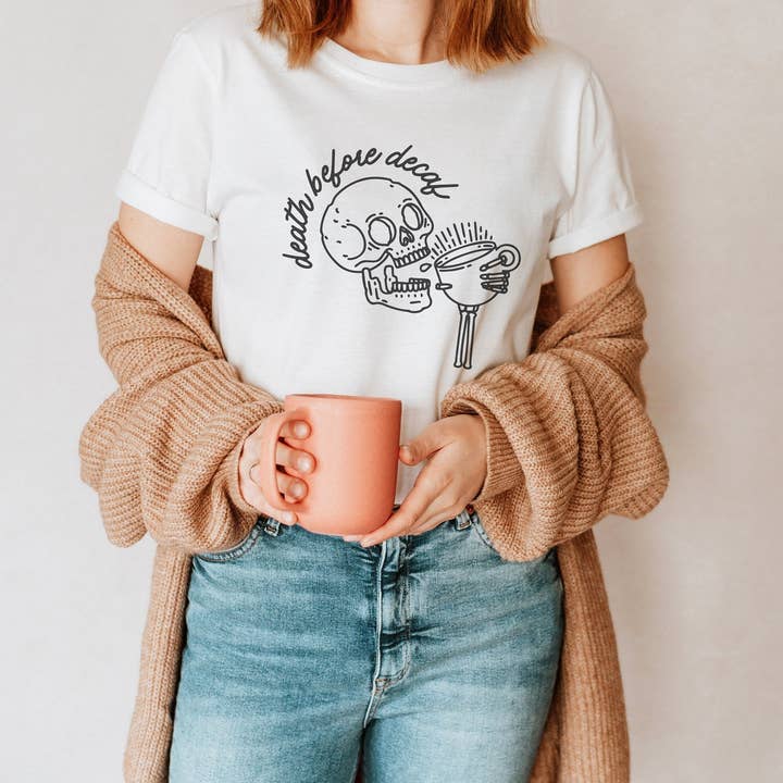 Death Before Decaf Skeleton Coffee Lover Graphic Tshirt for wholesale by with love, aj.