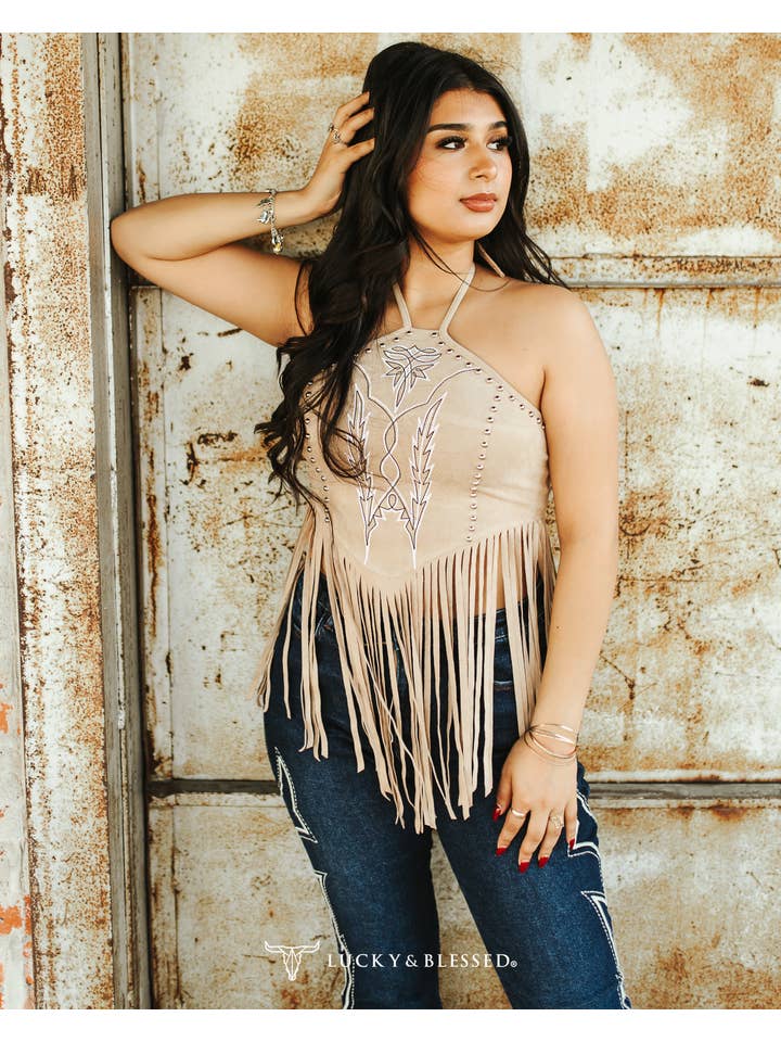 LUCKY & BLESSED - Wholesale Blouse - Women's - Sand Suede Halter Top W Boot Stitch Embroidery-Studs Detail