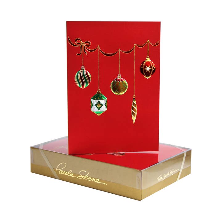 Hanging Ornaments on Red Christmas Card for wholesale by PAULA SKENE DESIGNS