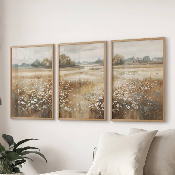 Neutraal Bloemenveld Kunst Set van 3. Rustiek Landschap voor wholesale door PrintSets.com
