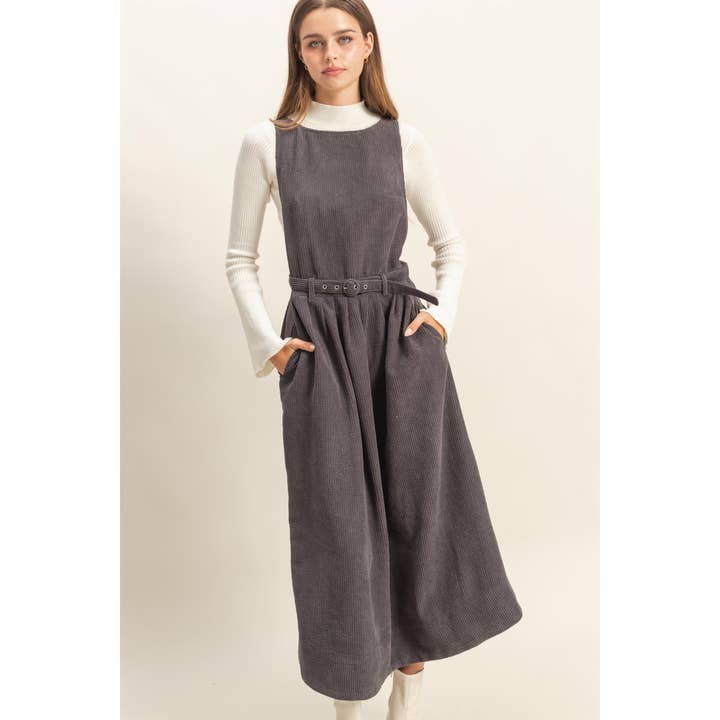 HYFVE - Wholesale Dress - Women's - Sleeveless Corduroy Apron Belted Midi Dress1