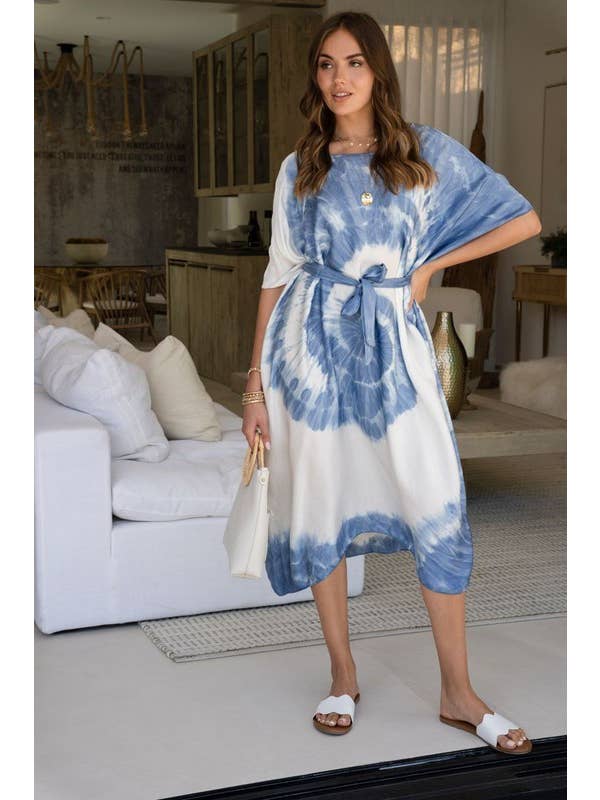 VENTI6 – wholesale Klänning - Dam – Kaftan-klänning i siden med spiral tie-dye och knytbälte3