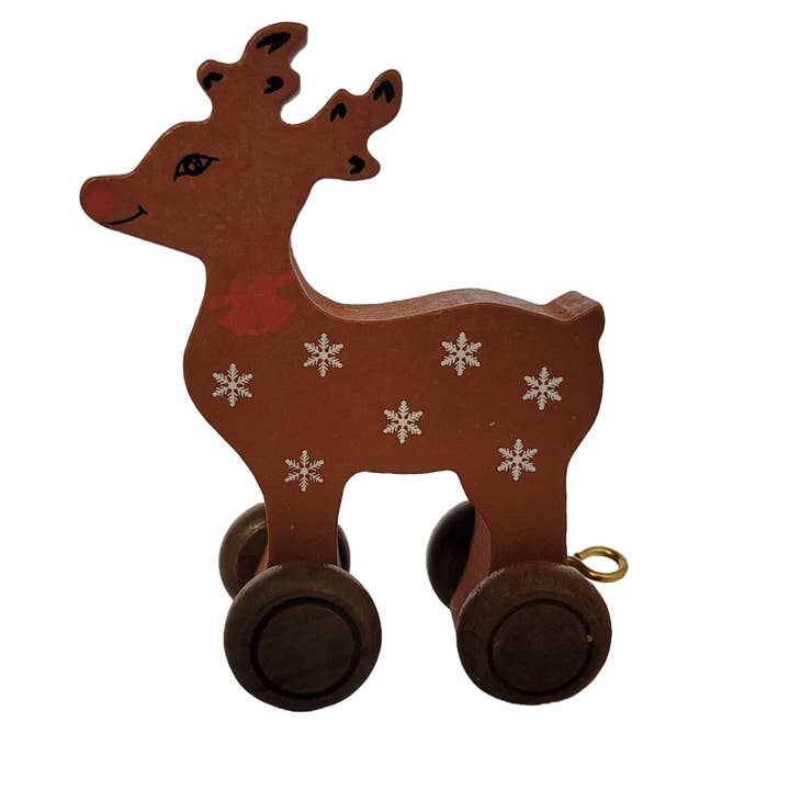 Coloured Wooden Toy Reindeer on Brown Wheels - Kids' Toy for wholesale by Ryan Town Toys & Gifts