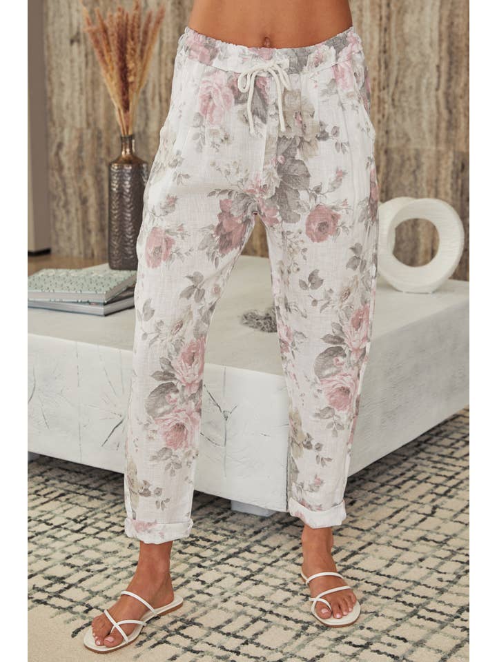 MILIO MILANO – wholesale Pants – Women's – LINEN FLORAL PRINT PANTS (6816-FLORAL-WHITE)