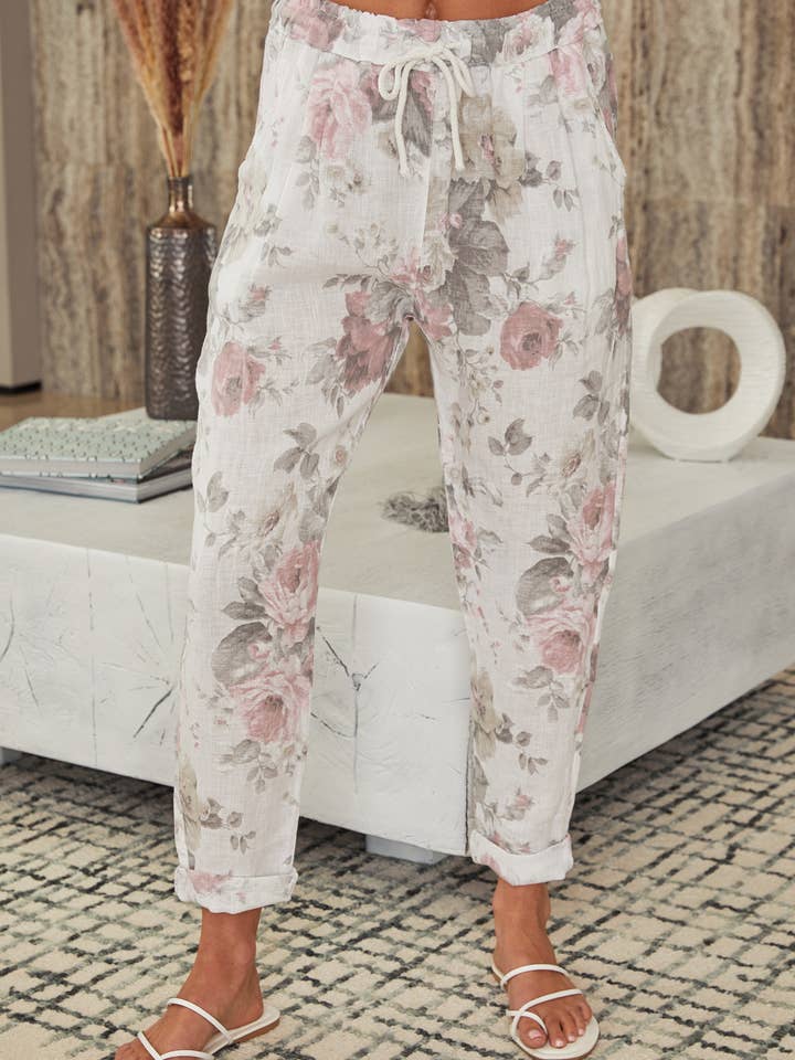 LINEN FLORAL PRINT PANTS (6816-FLORAL-WHITE) for wholesale by MILIO MILANO