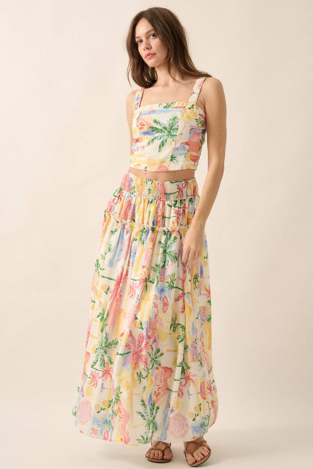 Crème Jupe longue smockée à imprimé aquarelle tropical. en vente sur Faire7