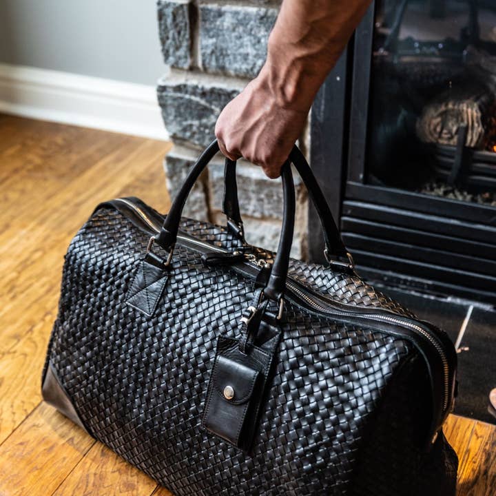 Hides - Wholesale Weekender Bag - Women's - Woven Leather Duffle - Black with Detachable Shoulder Strap14