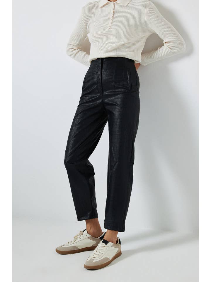 Black HIGH-WAİSTED CROCODILE PRINT LEATHER PANTS for wholesale on Faire