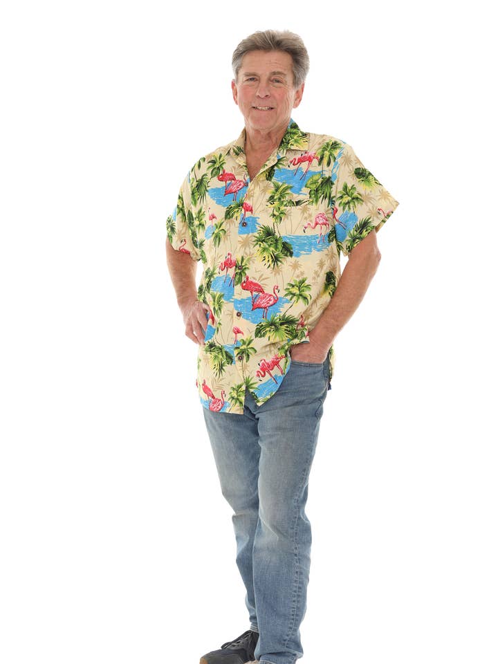 Tropisk Flamingo Paradise-skjorte for engroshandel hos Shoreline Wear. INC
