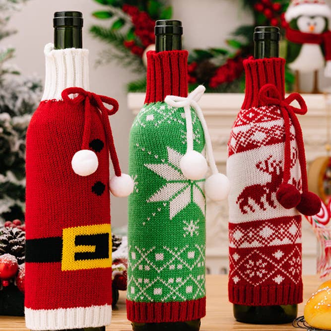 Comely Fashion - Wholesale Drink Huggers & Koozies - Christmas Elements Knit Wine Bottle Sweater CF-HB0485