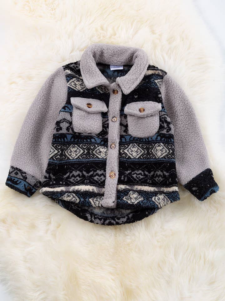 💎-Black geometric sherpa shacket with gray TPG60153012 for wholesale by Kids Charm Online
