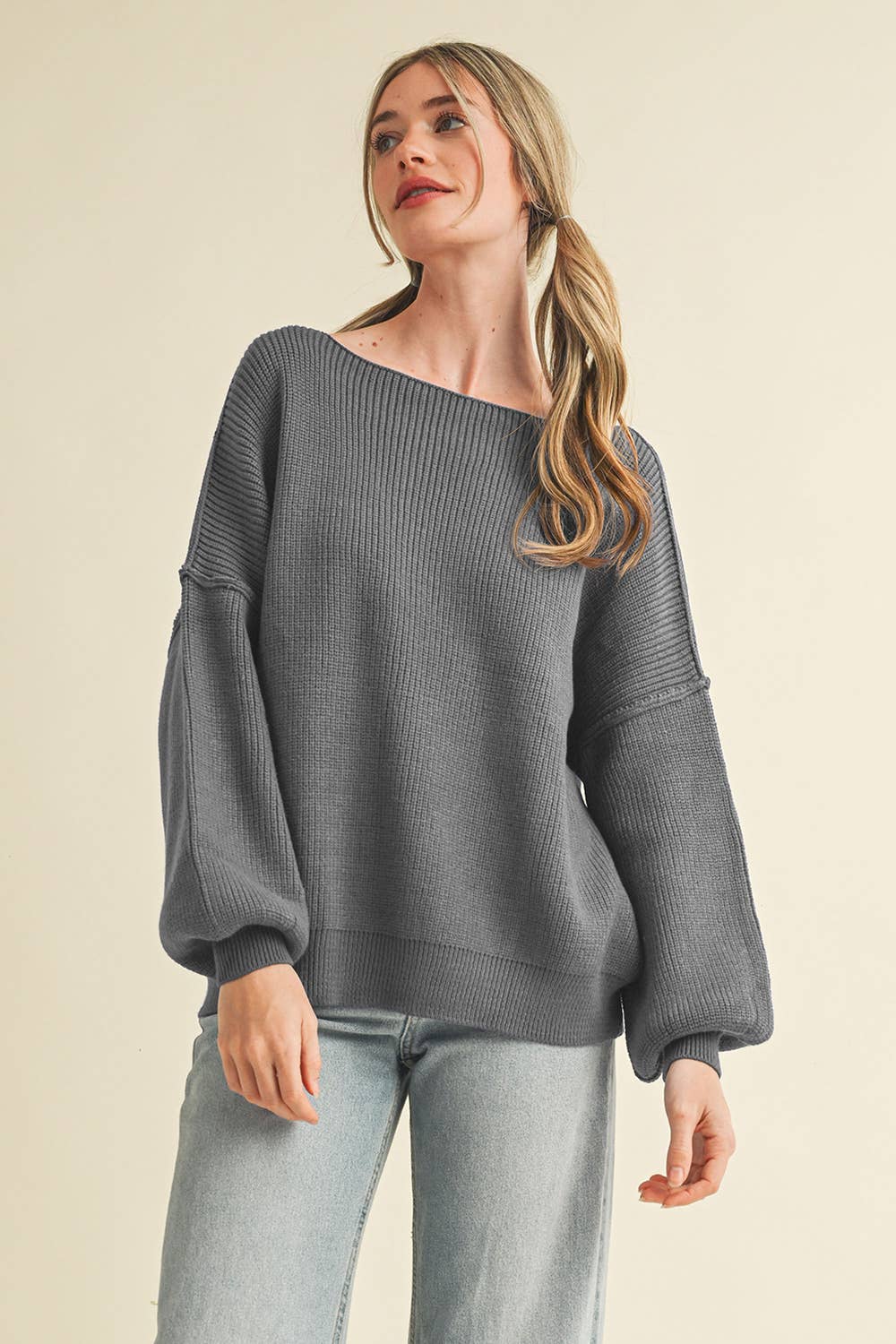 &MERCI - Wholesale Knit Sweater - Women's - BOAT NECK BUBBLE SLEEVE SWEATER MSW81470