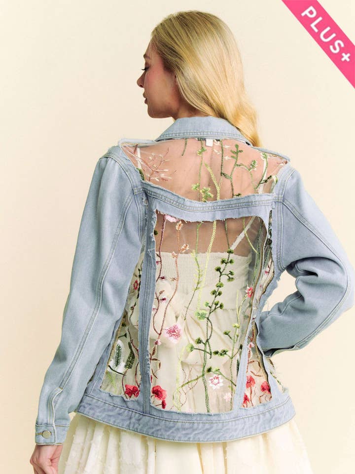 PLUS DENIM JACKET WITH FLORAL EMBROIDERY for wholesale by Davi & Dani