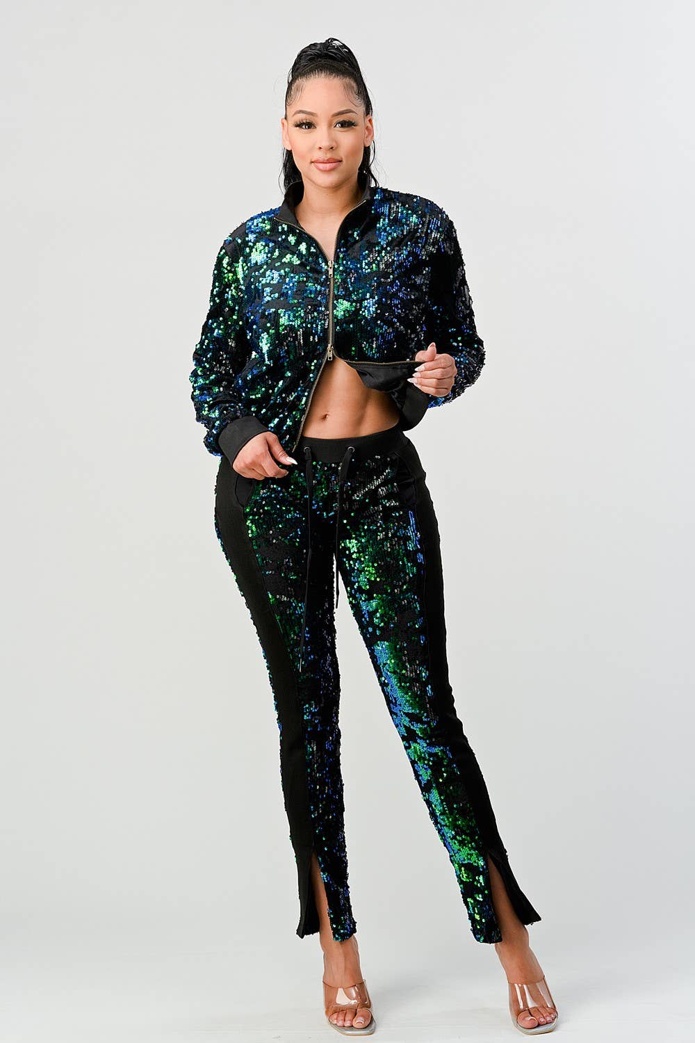 Boswell – Engroshandel Træningsdragt – til kvinder – Træningssæt med lynlås og palietter foran3