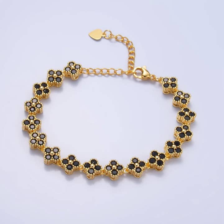 24K Gold Filled Black CZ Quatrefoil Clover Tennis Bracelet | WA-2061 for wholesale by Aim Eternal