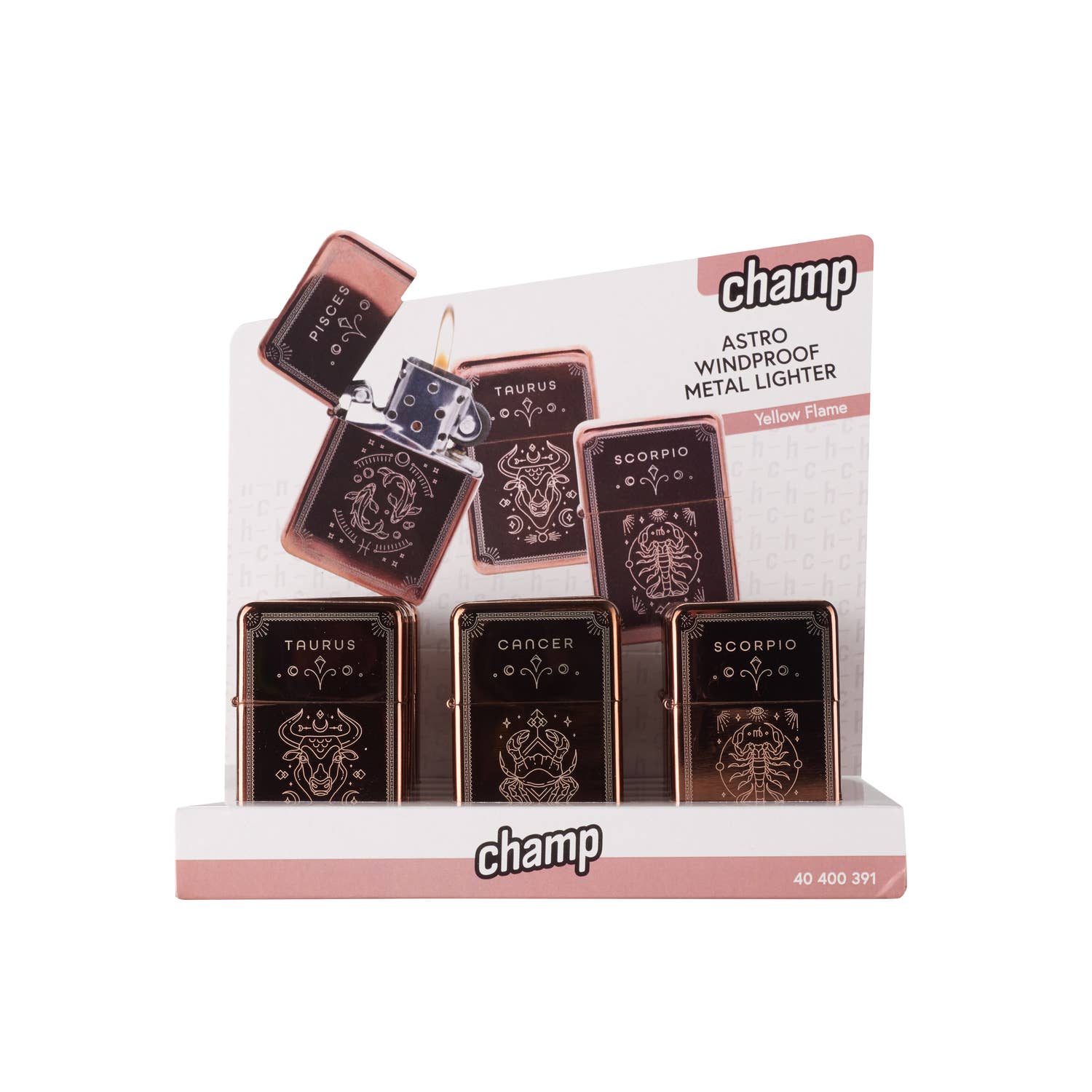 Champ by Polyflame - Vendita all'ingrosso Accendini - Espositore con 12 accendini ASTRO oro rosa antivento a pietrina1