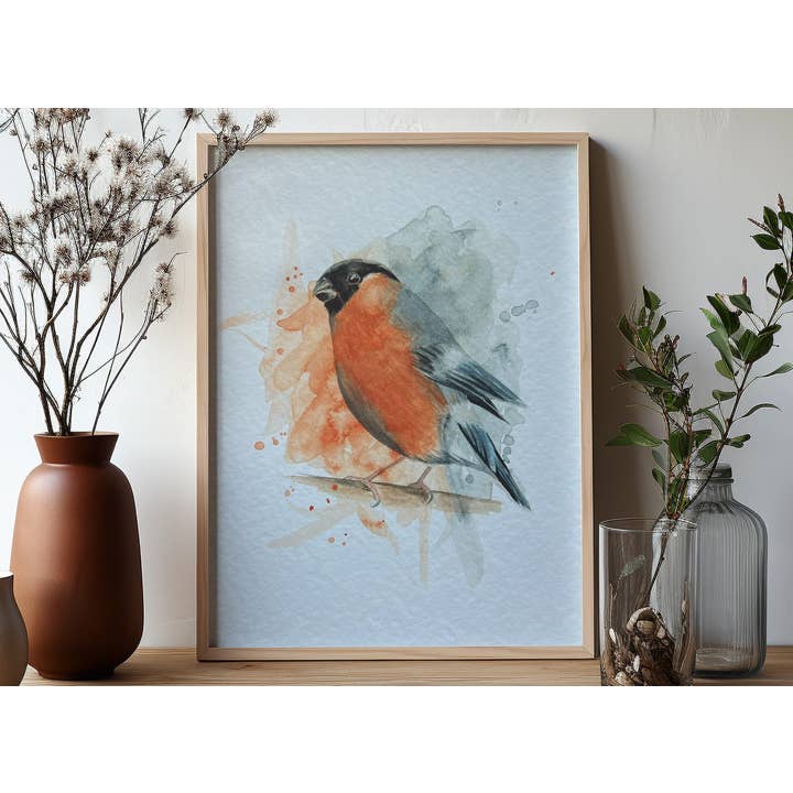 Bullfinch Watercolour Art Print | Gifts for Bird Lovers for wholesale by Georgina Doodles