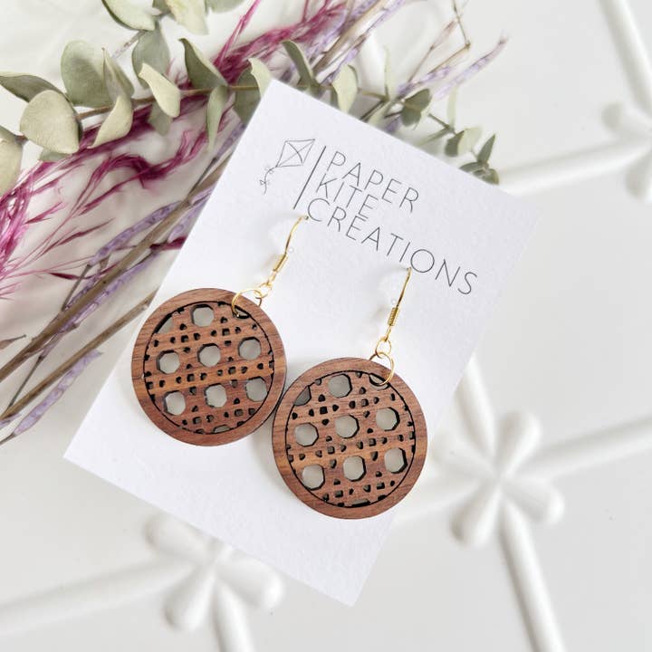 Walnut Round Dangle with Rattan/Cane Design for wholesale by Paper Kite Creations